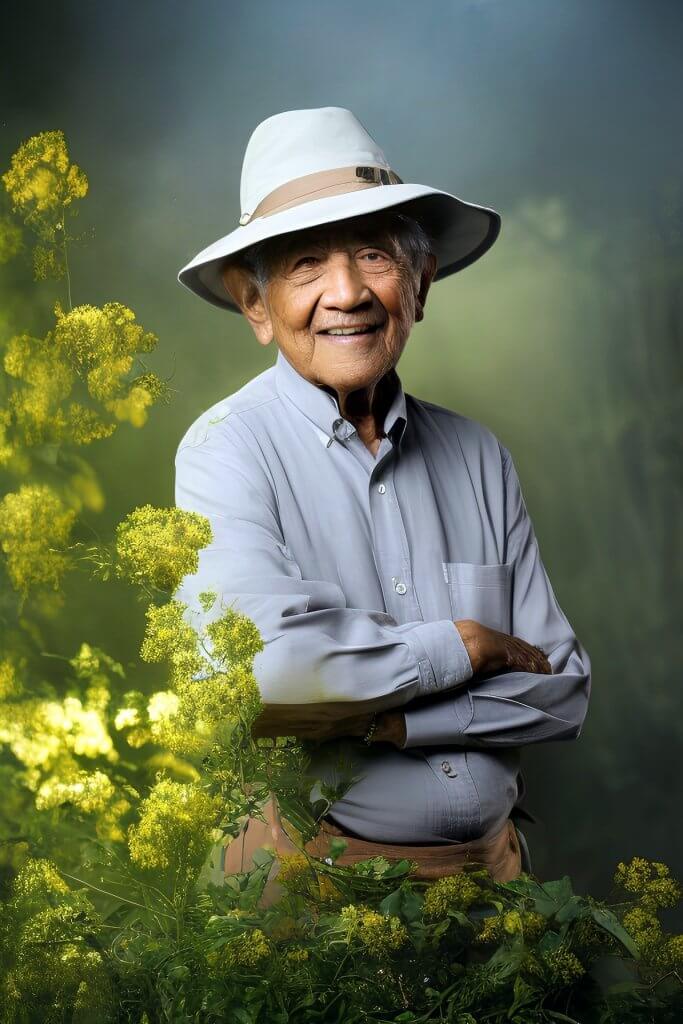 older man smiling in garden